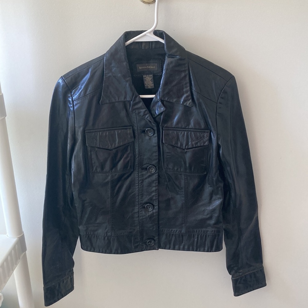 Banana Republic 100% Leather Cropped Jacket Black XS Y2K Vintage